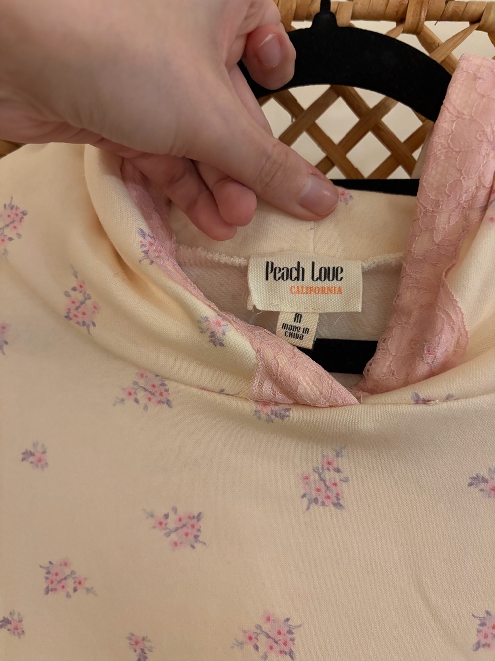 Women's Pale Yellow & Pink Floral Print Lounge Hoodie & Shorts Set w/ Lace Trim - Picture 2 of 10